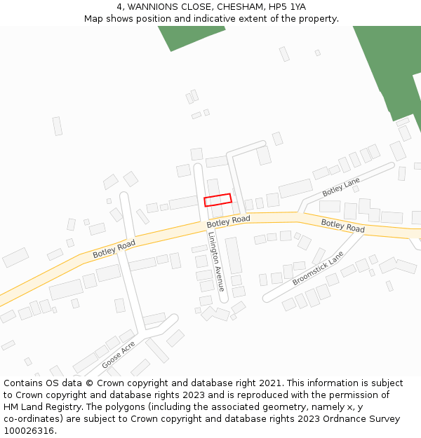 4, WANNIONS CLOSE, CHESHAM, HP5 1YA: Location map and indicative extent of plot