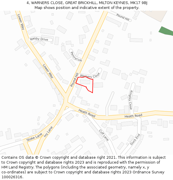 4, WARNERS CLOSE, GREAT BRICKHILL, MILTON KEYNES, MK17 9BJ: Location map and indicative extent of plot