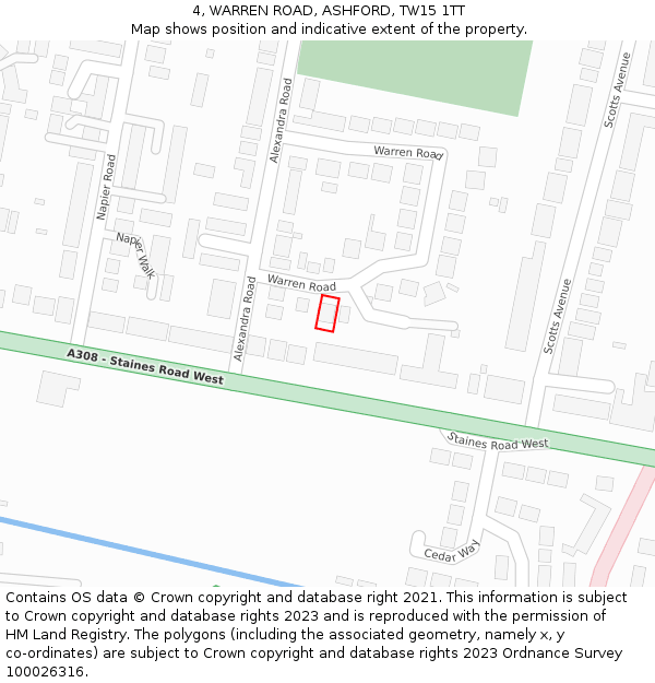 4, WARREN ROAD, ASHFORD, TW15 1TT: Location map and indicative extent of plot