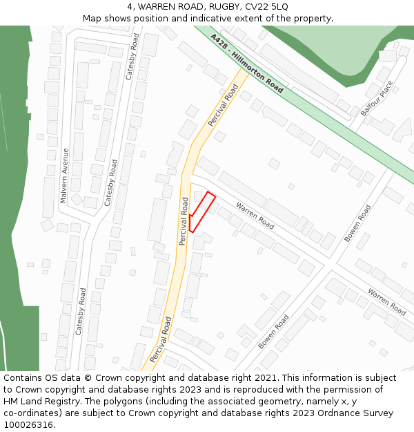 4, WARREN ROAD, RUGBY, CV22 5LQ: Location map and indicative extent of plot