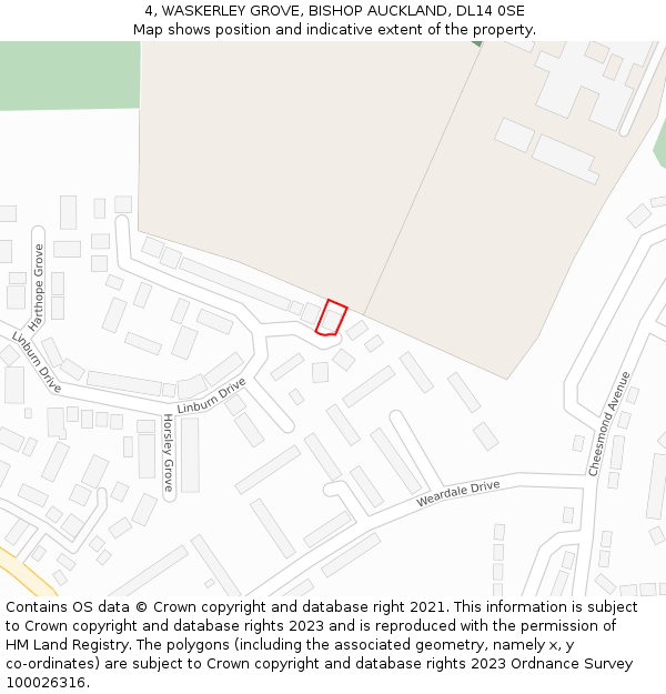 4, WASKERLEY GROVE, BISHOP AUCKLAND, DL14 0SE: Location map and indicative extent of plot