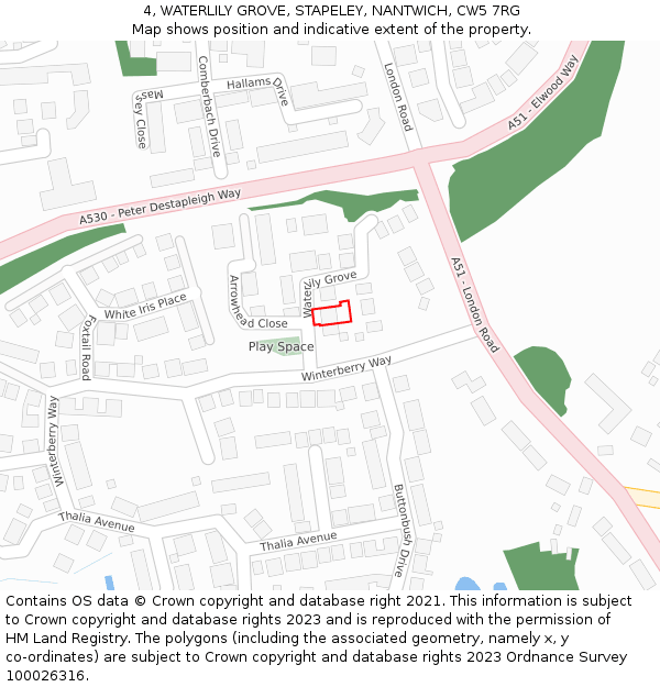 4, WATERLILY GROVE, STAPELEY, NANTWICH, CW5 7RG: Location map and indicative extent of plot