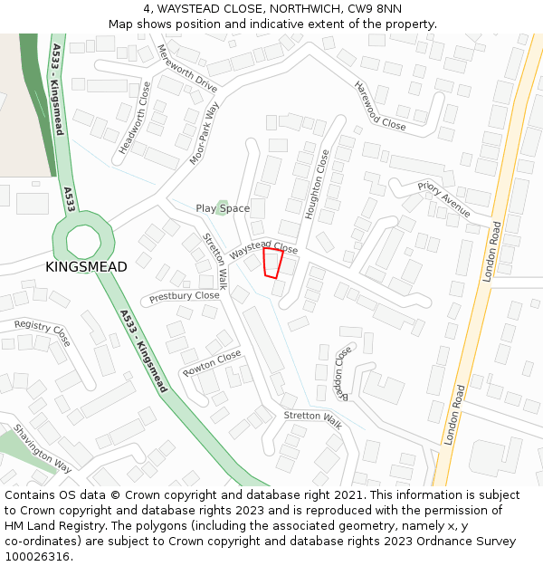 4, WAYSTEAD CLOSE, NORTHWICH, CW9 8NN: Location map and indicative extent of plot