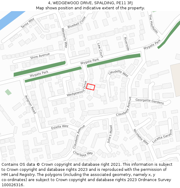 4, WEDGEWOOD DRIVE, SPALDING, PE11 3FJ: Location map and indicative extent of plot