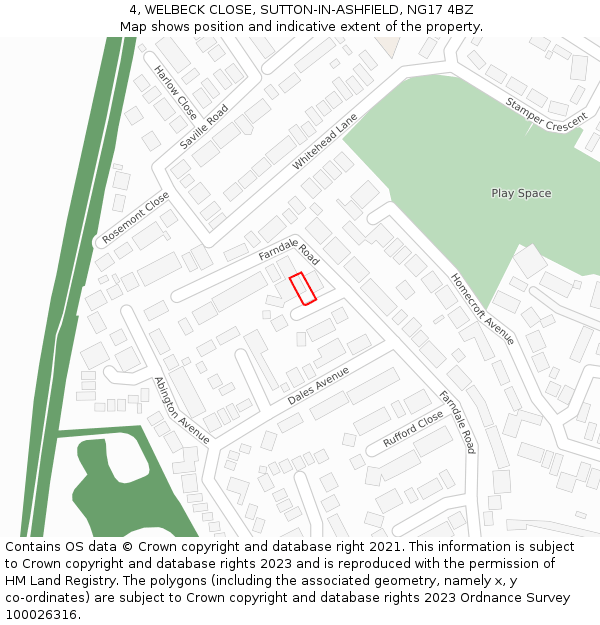 4, WELBECK CLOSE, SUTTON-IN-ASHFIELD, NG17 4BZ: Location map and indicative extent of plot