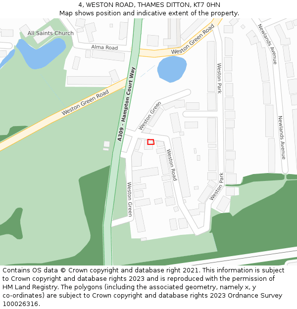 4, WESTON ROAD, THAMES DITTON, KT7 0HN: Location map and indicative extent of plot