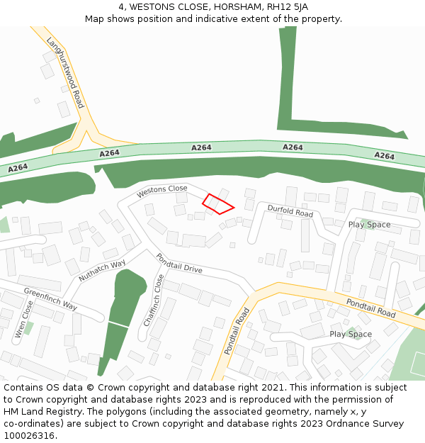 4, WESTONS CLOSE, HORSHAM, RH12 5JA: Location map and indicative extent of plot