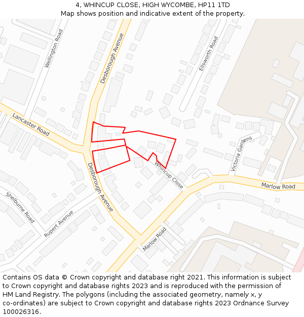 4, WHINCUP CLOSE, HIGH WYCOMBE, HP11 1TD: Location map and indicative extent of plot