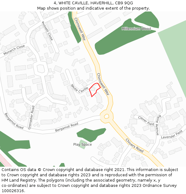 4, WHITE CAVILLE, HAVERHILL, CB9 9QG: Location map and indicative extent of plot