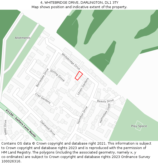 4, WHITEBRIDGE DRIVE, DARLINGTON, DL1 3TY: Location map and indicative extent of plot