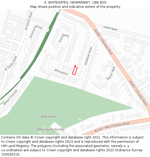 4, WHITEGATES, NEWMARKET, CB8 8DS: Location map and indicative extent of plot