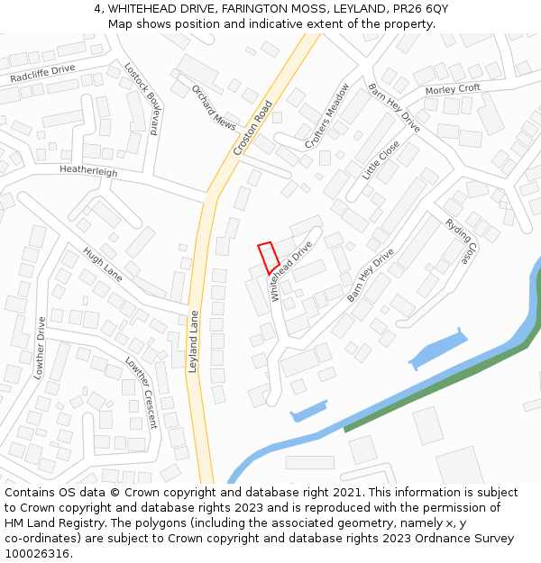 4, WHITEHEAD DRIVE, FARINGTON MOSS, LEYLAND, PR26 6QY: Location map and indicative extent of plot