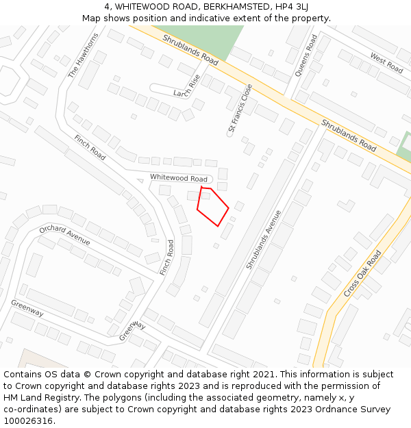 4, WHITEWOOD ROAD, BERKHAMSTED, HP4 3LJ: Location map and indicative extent of plot