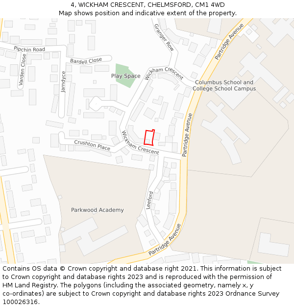 4, WICKHAM CRESCENT, CHELMSFORD, CM1 4WD: Location map and indicative extent of plot