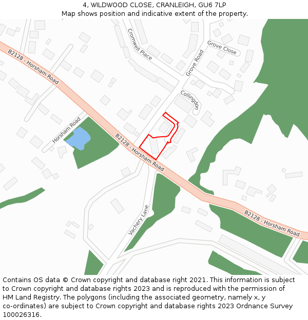4, WILDWOOD CLOSE, CRANLEIGH, GU6 7LP: Location map and indicative extent of plot