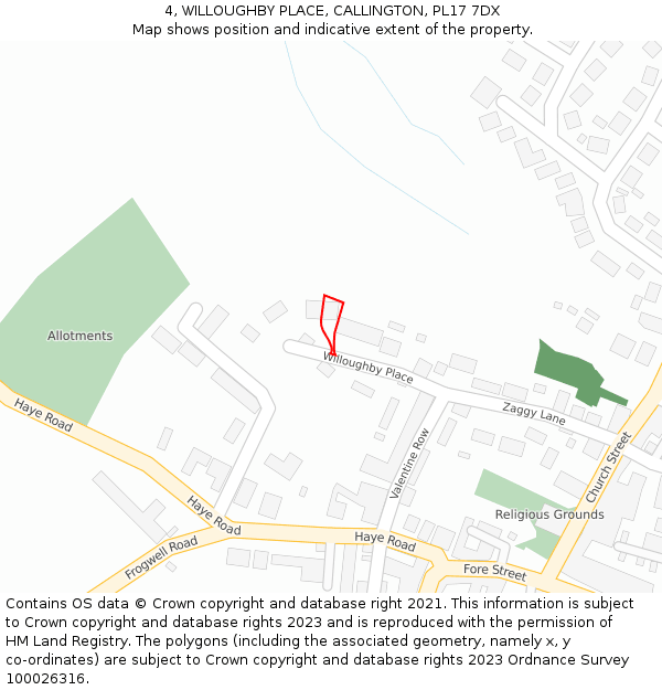 4, WILLOUGHBY PLACE, CALLINGTON, PL17 7DX: Location map and indicative extent of plot