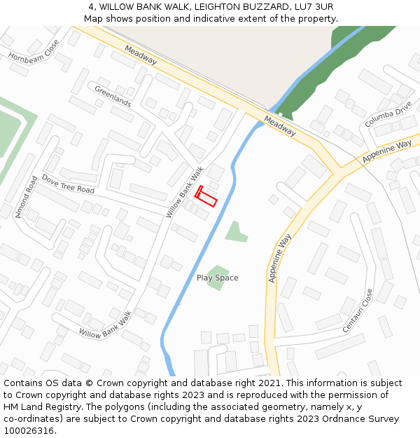 4, WILLOW BANK WALK, LEIGHTON BUZZARD, LU7 3UR: Location map and indicative extent of plot