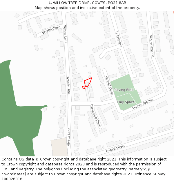 4, WILLOW TREE DRIVE, COWES, PO31 8AR: Location map and indicative extent of plot