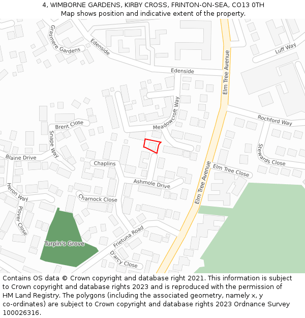 4, WIMBORNE GARDENS, KIRBY CROSS, FRINTON-ON-SEA, CO13 0TH: Location map and indicative extent of plot