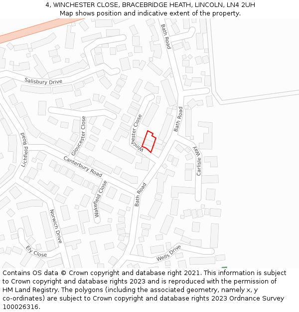 4, WINCHESTER CLOSE, BRACEBRIDGE HEATH, LINCOLN, LN4 2UH: Location map and indicative extent of plot