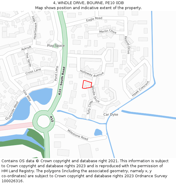 4, WINDLE DRIVE, BOURNE, PE10 0DB: Location map and indicative extent of plot