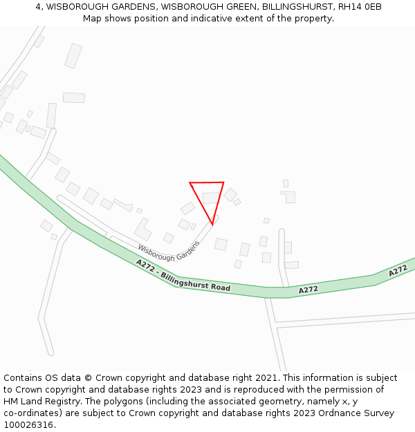 4, WISBOROUGH GARDENS, WISBOROUGH GREEN, BILLINGSHURST, RH14 0EB: Location map and indicative extent of plot