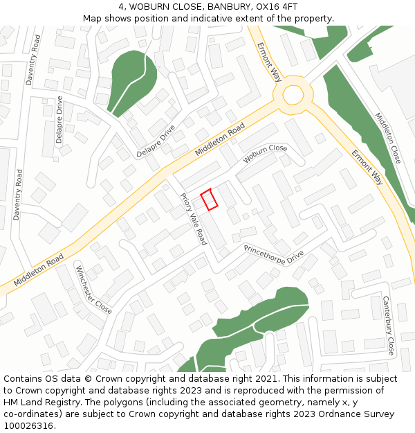 4, WOBURN CLOSE, BANBURY, OX16 4FT: Location map and indicative extent of plot