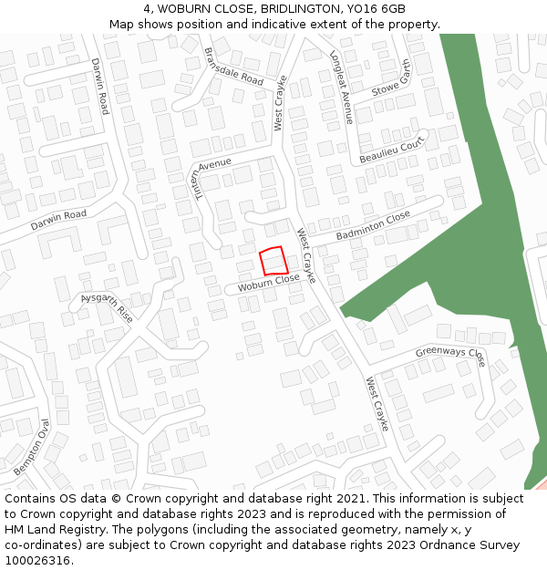 4, WOBURN CLOSE, BRIDLINGTON, YO16 6GB: Location map and indicative extent of plot