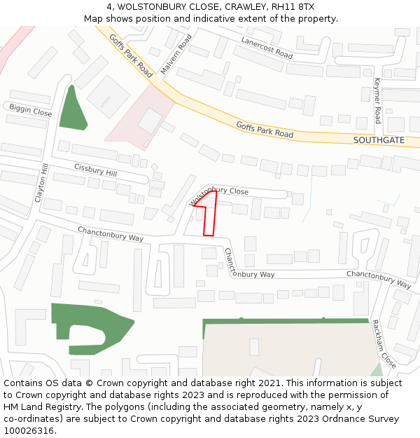 4, WOLSTONBURY CLOSE, CRAWLEY, RH11 8TX: Location map and indicative extent of plot
