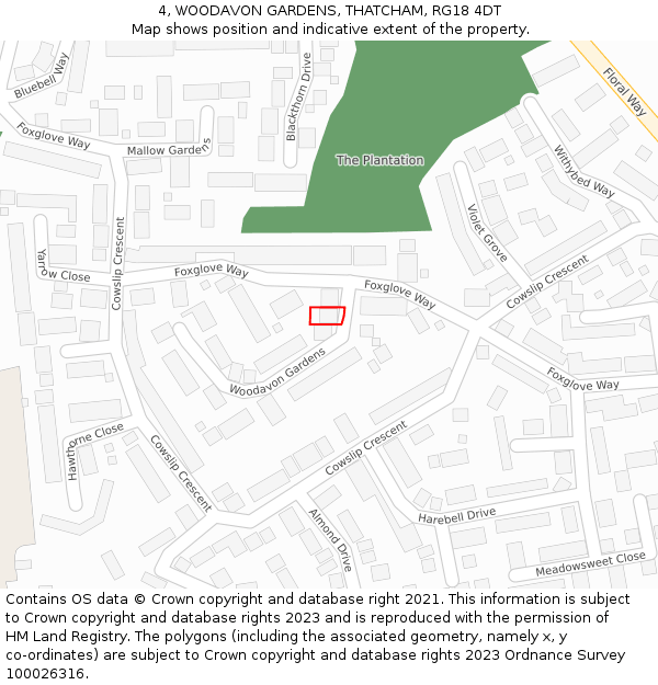 4, WOODAVON GARDENS, THATCHAM, RG18 4DT: Location map and indicative extent of plot