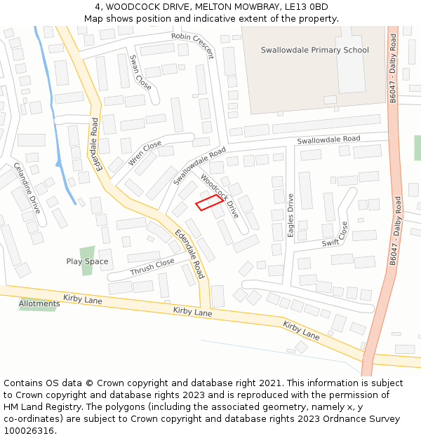 4, WOODCOCK DRIVE, MELTON MOWBRAY, LE13 0BD: Location map and indicative extent of plot