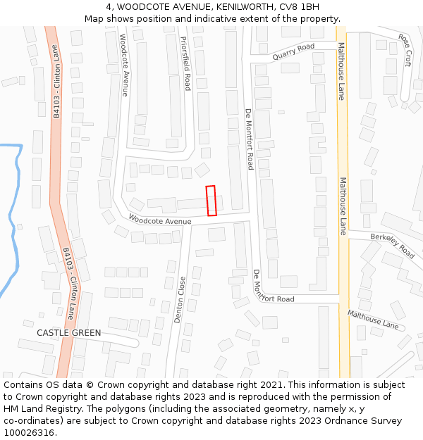 4, WOODCOTE AVENUE, KENILWORTH, CV8 1BH: Location map and indicative extent of plot