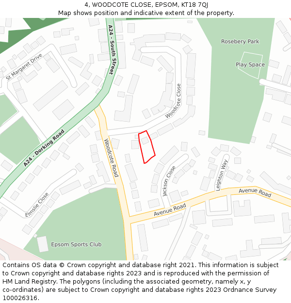 4, WOODCOTE CLOSE, EPSOM, KT18 7QJ: Location map and indicative extent of plot