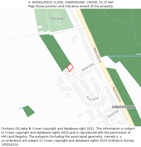 4, WOODLANDS CLOSE, OAKENSHAW, CROOK, DL15 0AF: Location map and indicative extent of plot