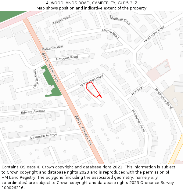 4, WOODLANDS ROAD, CAMBERLEY, GU15 3LZ: Location map and indicative extent of plot