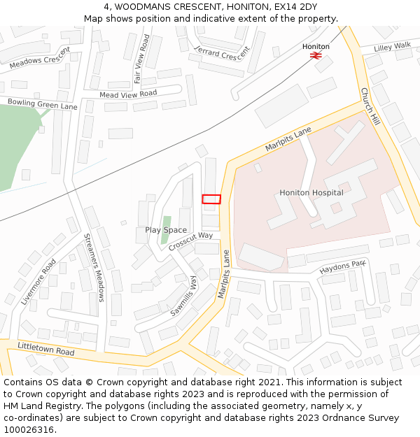 4, WOODMANS CRESCENT, HONITON, EX14 2DY: Location map and indicative extent of plot