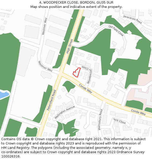 4, WOODPECKER CLOSE, BORDON, GU35 0UR: Location map and indicative extent of plot