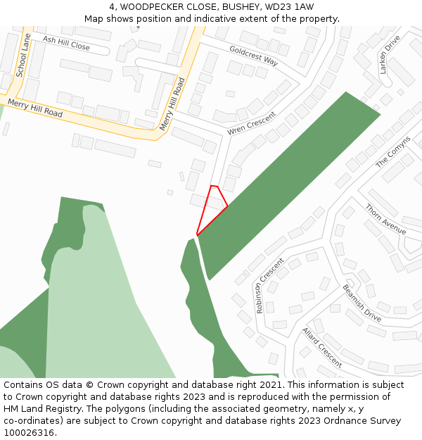 4, WOODPECKER CLOSE, BUSHEY, WD23 1AW: Location map and indicative extent of plot