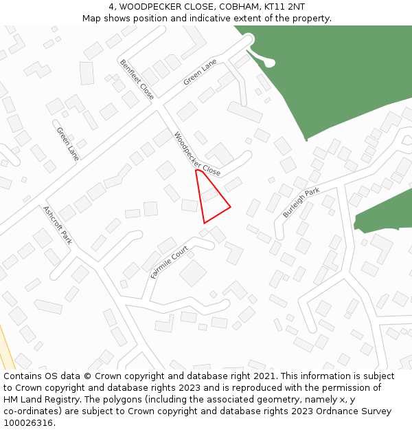 4, WOODPECKER CLOSE, COBHAM, KT11 2NT: Location map and indicative extent of plot