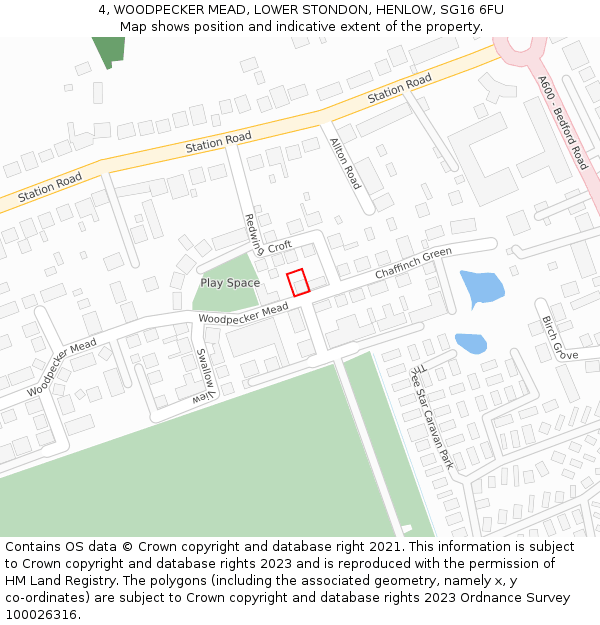 4, WOODPECKER MEAD, LOWER STONDON, HENLOW, SG16 6FU: Location map and indicative extent of plot