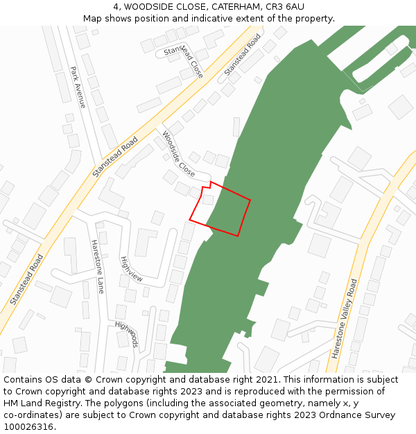 4, WOODSIDE CLOSE, CATERHAM, CR3 6AU: Location map and indicative extent of plot