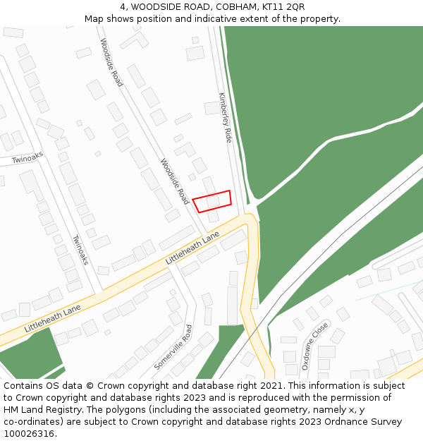 4, WOODSIDE ROAD, COBHAM, KT11 2QR: Location map and indicative extent of plot