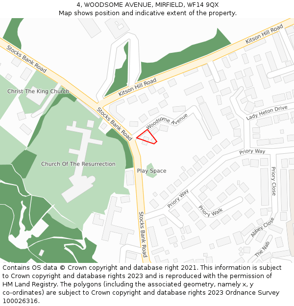 4, WOODSOME AVENUE, MIRFIELD, WF14 9QX: Location map and indicative extent of plot