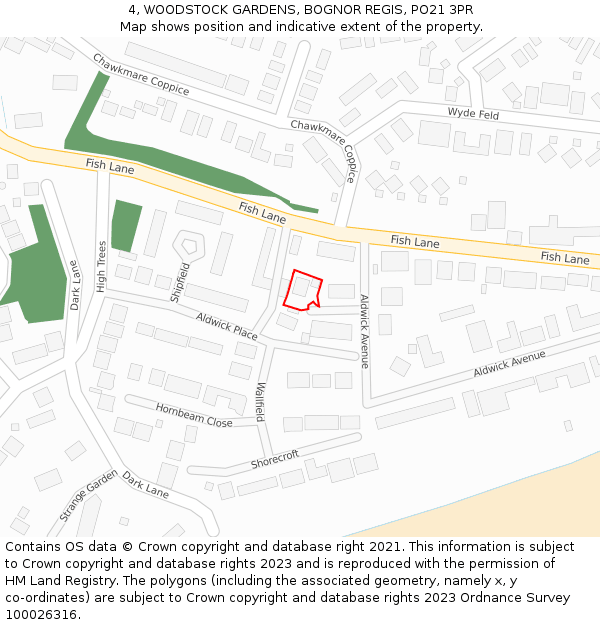 4, WOODSTOCK GARDENS, BOGNOR REGIS, PO21 3PR: Location map and indicative extent of plot