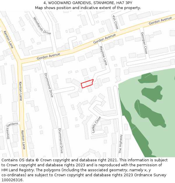 4, WOODWARD GARDENS, STANMORE, HA7 3PY: Location map and indicative extent of plot