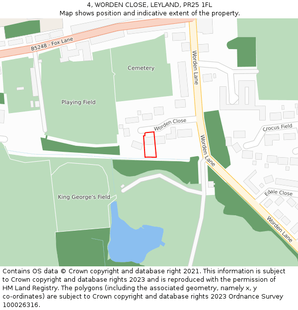 4, WORDEN CLOSE, LEYLAND, PR25 1FL: Location map and indicative extent of plot