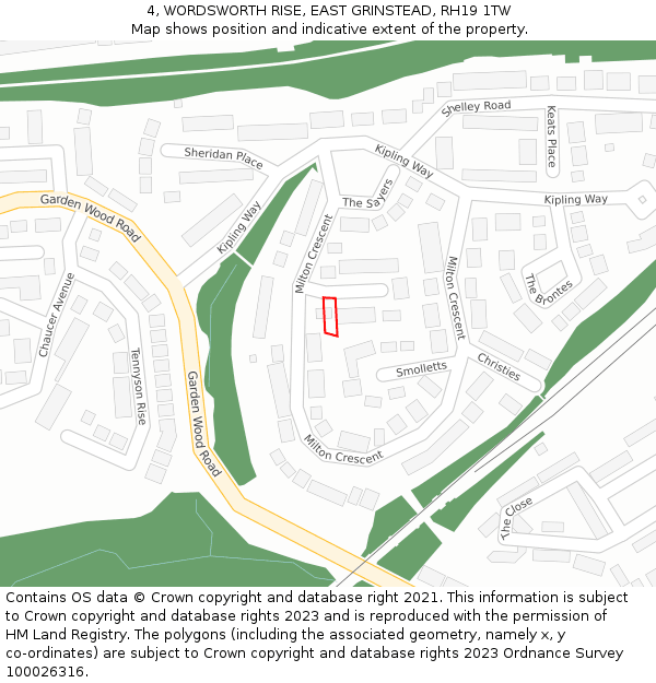 4, WORDSWORTH RISE, EAST GRINSTEAD, RH19 1TW: Location map and indicative extent of plot