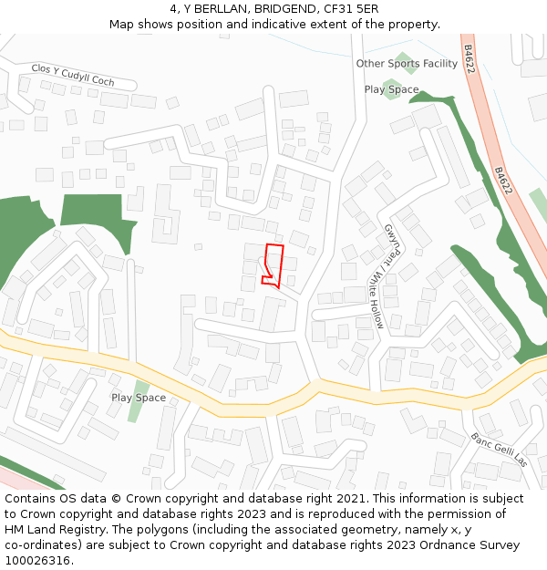 4, Y BERLLAN, BRIDGEND, CF31 5ER: Location map and indicative extent of plot