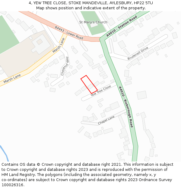 4, YEW TREE CLOSE, STOKE MANDEVILLE, AYLESBURY, HP22 5TU: Location map and indicative extent of plot