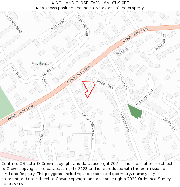 4, YOLLAND CLOSE, FARNHAM, GU9 0PE: Location map and indicative extent of plot